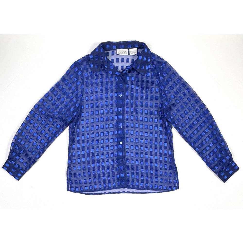 Basic Editions Shirt Women's Medium Blue Sheer Button Up Long Sleeve